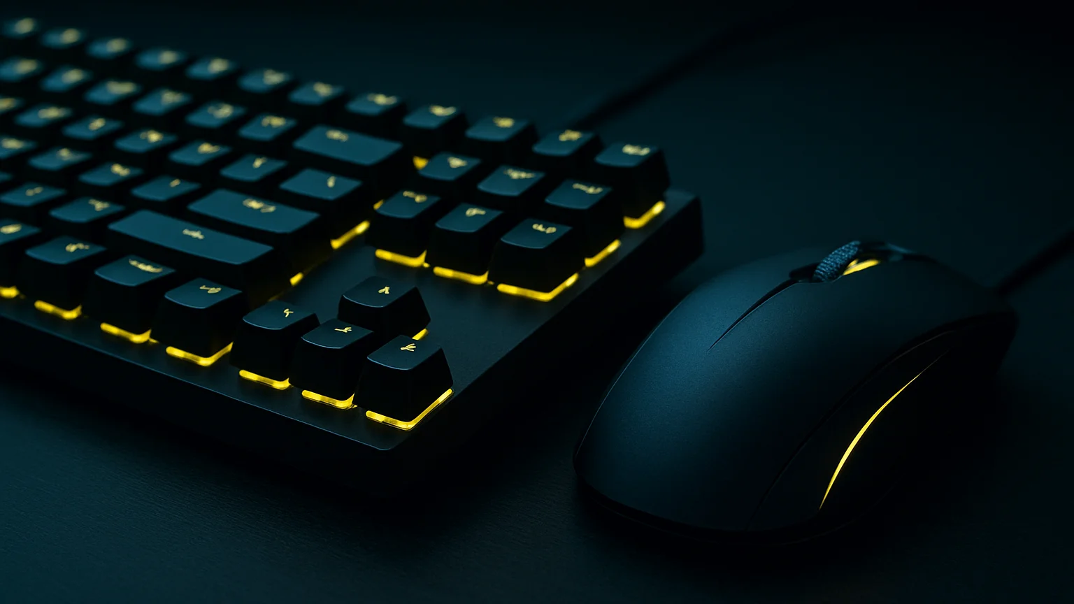 Close-up of a gaming keyboard and mouse, with subtle yellow LED b