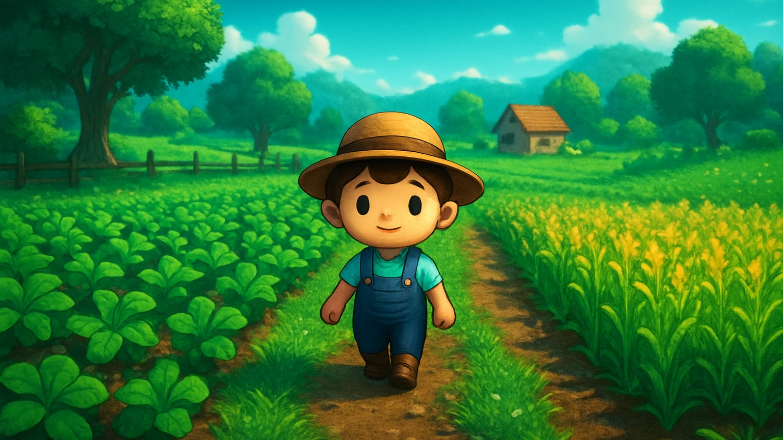 Vibrant screenshot of a farming simulation indie game, lush green